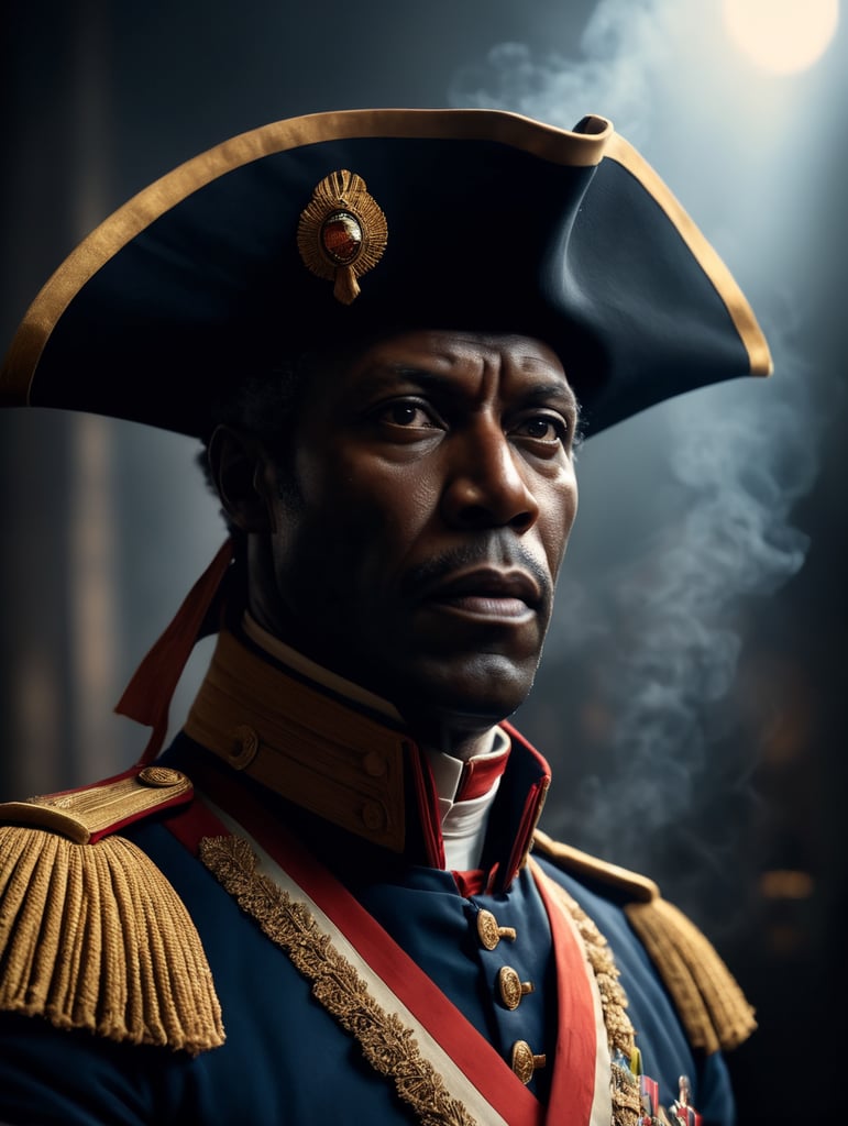 Toussaint louverture, haitian revolution general leader 1780's, facing camera, carne griffiths, wadim kashin, pascal blanche, rutkowski, repin. smoke, window, light rays, perfect anatomy, perfect face, perfect fingers, perfect composition, beautiful, detailed, intricate, octane render, 8k, soft natural light, chiaroscuro, masterpiece, award-winning, professional, anatomically correct, breathtaking, sharp focus, emitting diodes, smoke, sparks, artstation, detailed character design