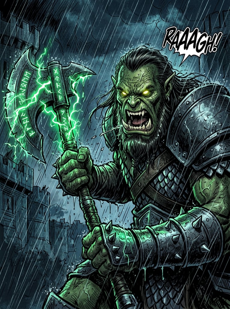 Close-up comic illustration of an enraged Orc in heavy rain. The scaly warrior with glowing yellow eyes snarls fiercely. A spiked metal gauntlet grips a runic battle-axe emitting crackling green energy, illuminating the cross-hatched scene in deep emerald shadows.