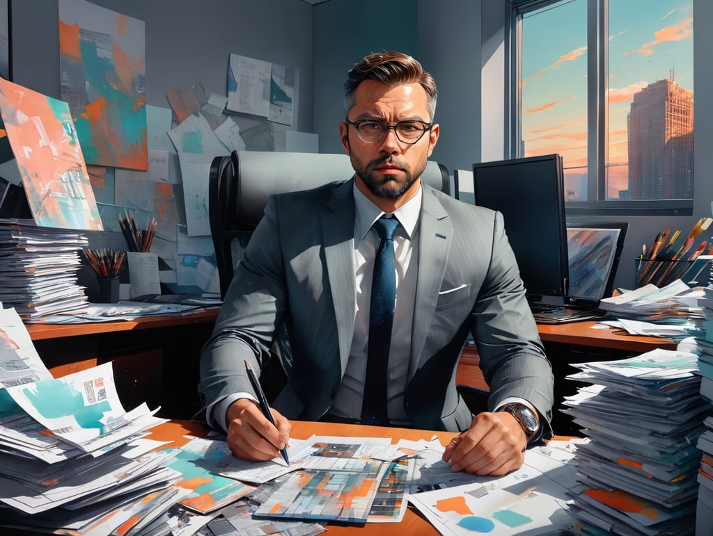 an accountant in a large office looking tired, sitting at his desk with a pile of papers, a computer, wearing a grey suit