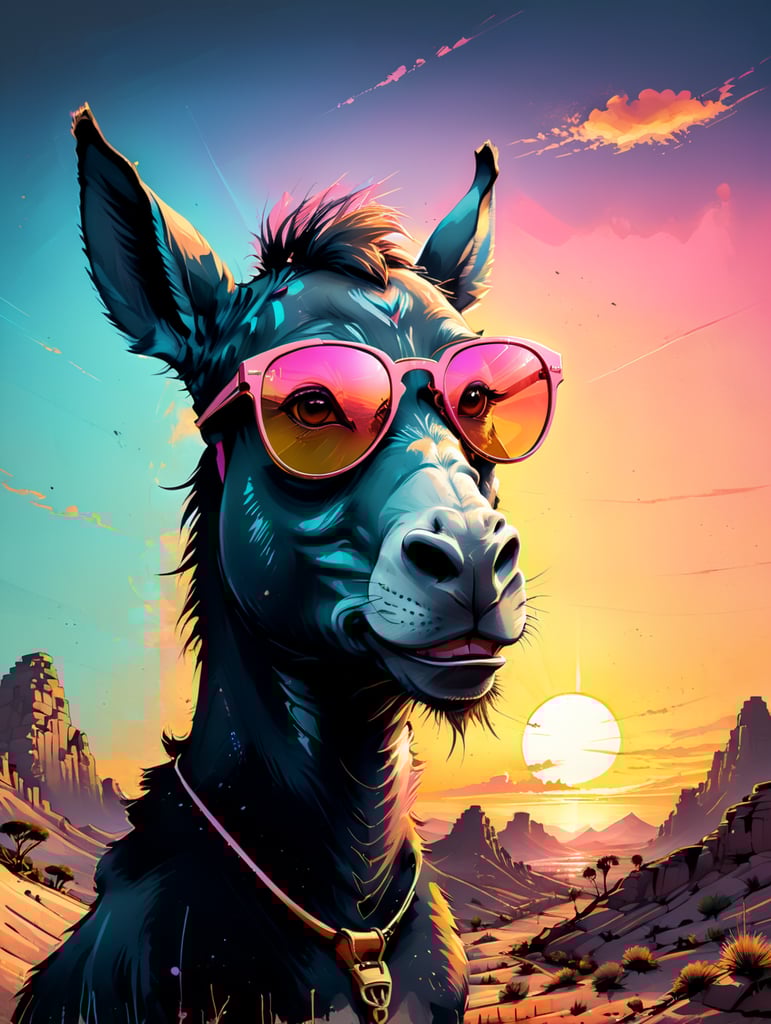 t-shirt design vector of a cute Egyptian donkey wearing pink sunglasses in front of a minimalist sunset with a contour and dark background A4 caption " kollo foll? "