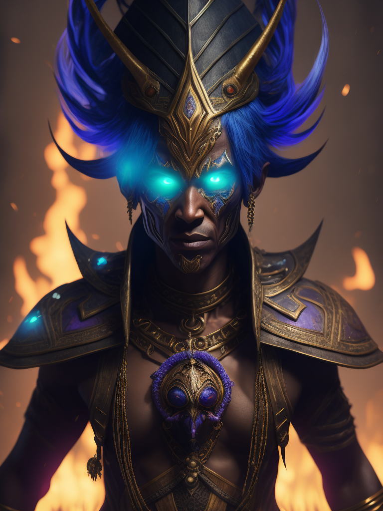 a witch doctor wearing a voodoo mask, surrounded by blue and purple flames, high quality cinematic lighting, fantasy, magical, dreamy, unique