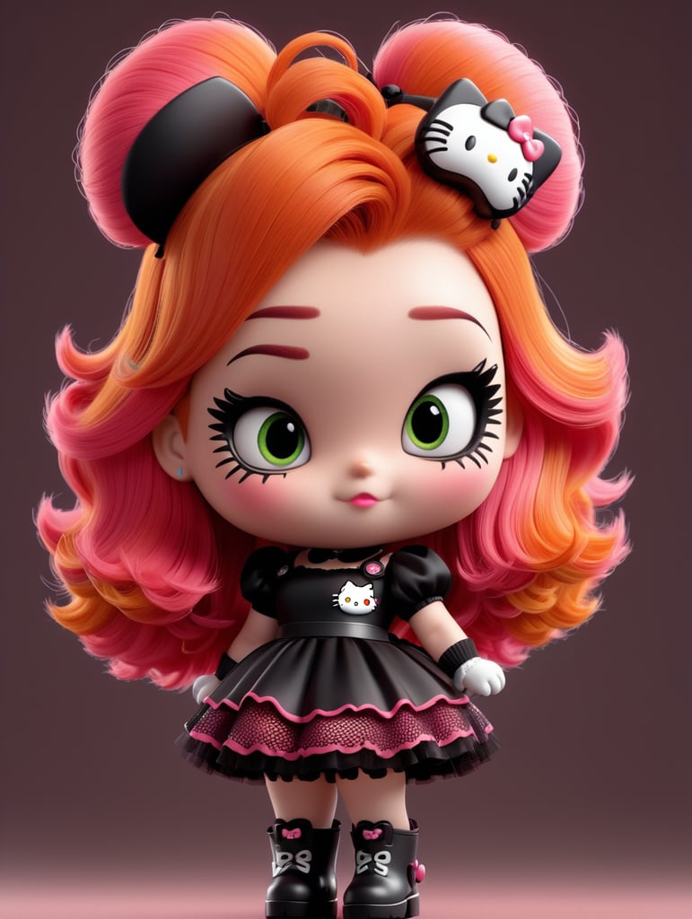 3d hello kitty with half black half ginger hair with fringe, emo makeup with fake eyelashes, black dress, fishnets and heavy boots