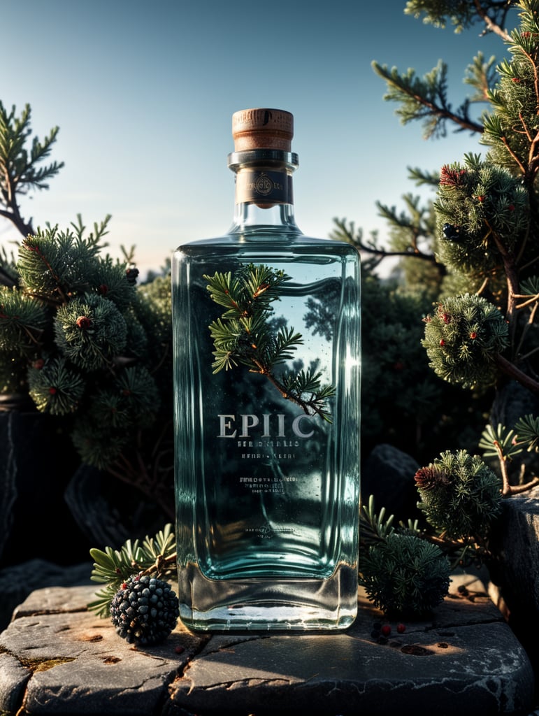 professional photography of a square gin bottle, square bottle, surrounding a juniper and juniper berries, one shot of gin in a front, no label, clear, mockup