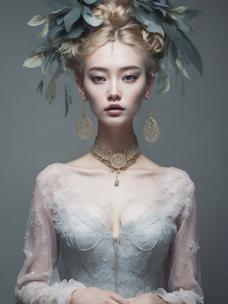 A beautiful painting featuring a young blonde woman and jewelry, in the style of zhang jingna, rinko kawauchi, baroque - inspired details, dark gold and light blue, fanciful, dreamlike imagery, hyper - realistic details, enchanting realms