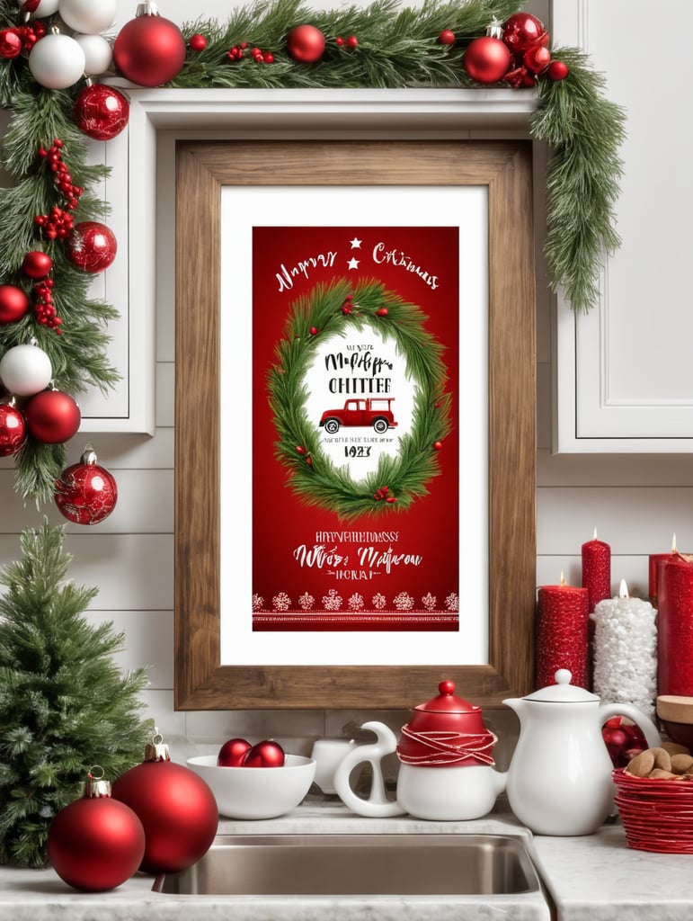 vertical picture frame mockup, cozy farmhouse kitchen, christmas decoration, red, white, green, christmas lights