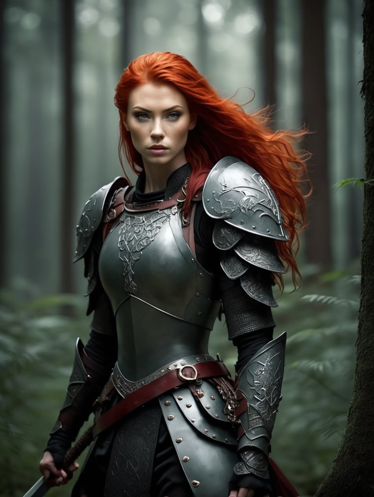 Valkirya warrior red hair in a dark forest