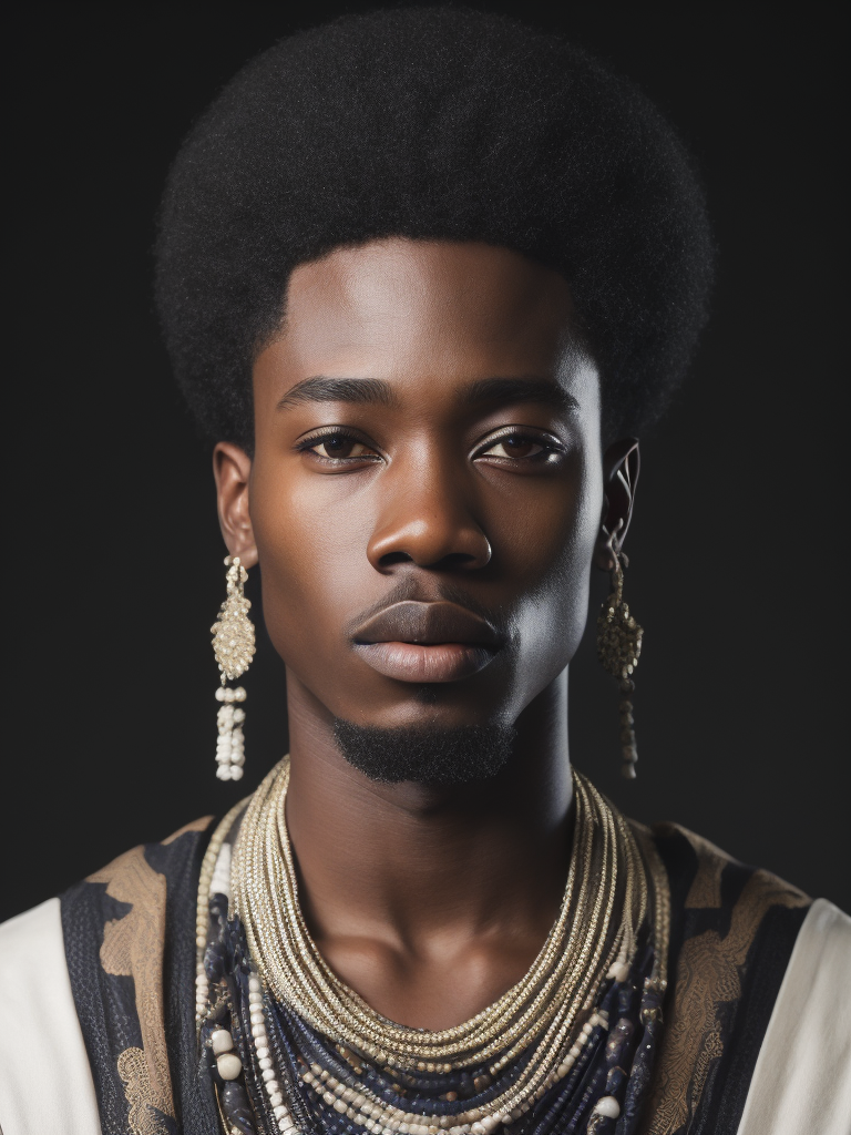 An african king in traditional clothing, portrait, hyper-realistic, dark style, focus on face, sharp on details, black background