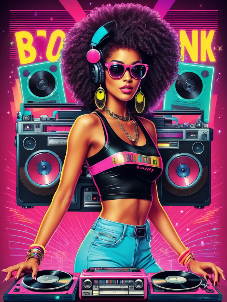 80's style retro party poster featuring boom box, cassettes, record player, neon, synthwave, disco vibes, breakdancer and afro disco funk girl