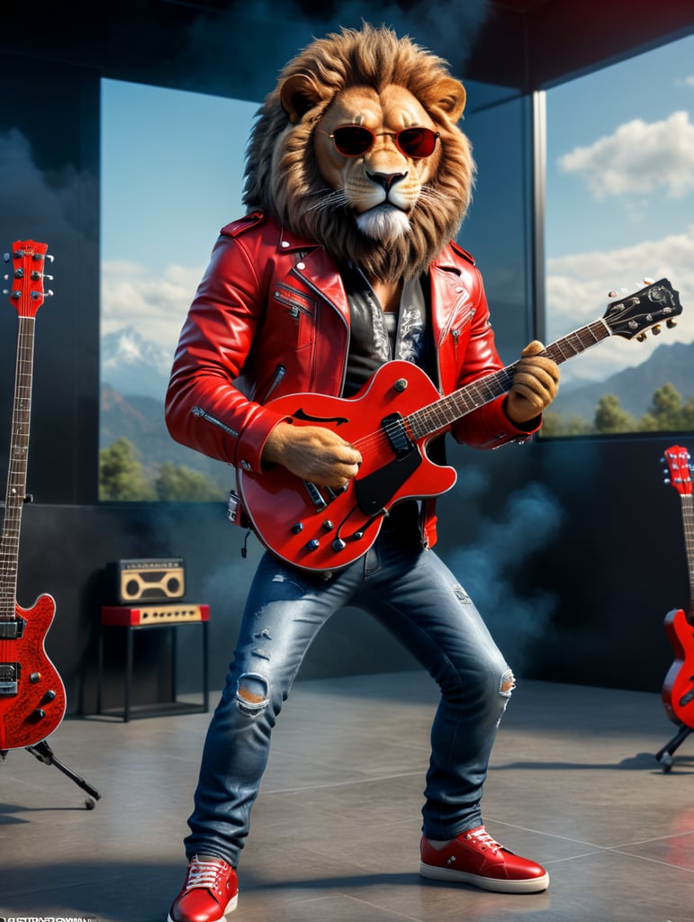 realistic lion, wearing red Leather jacket and jeans pants, wearing shoes, holding a guitar, 8k, unreal engine render, full body wearing sunglasses