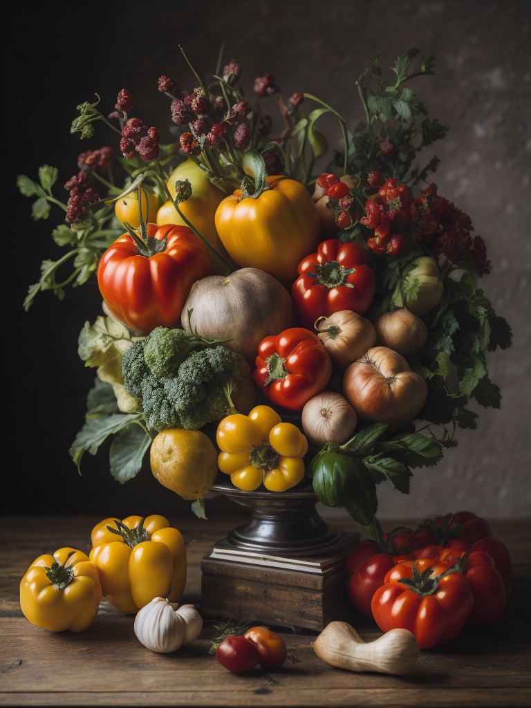 an arrangement of fresh tomatoes, peppers, potatoes and garlic freshly picked with roots soil on a rustic wooden table with greens and flowers (in the background, a stock photo, incoherents, Arcimboldo, reminiscent of a food magazine cover, professional food photography, still life, fresh produce, healthy eating colorful arrangement,artistic reference composition masterful techniques arcimboldo inspired, natural lighting with soft shadows and dappled light