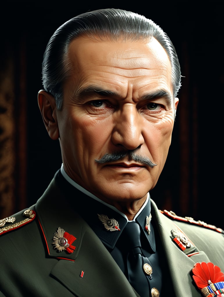 I want a portrait of mustafa kemal atatürk to look like 3D zbrush and be done in a single color. he is in the dark