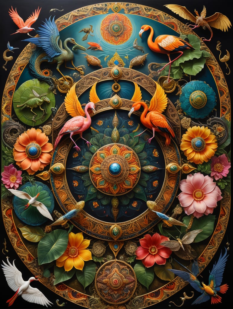 mandala painting with 8 divisions, horse, bull, stork, flamingo, ciccada, dragon fly, frog, turtle, in the style of Chronophotography, vibrant colors, gold