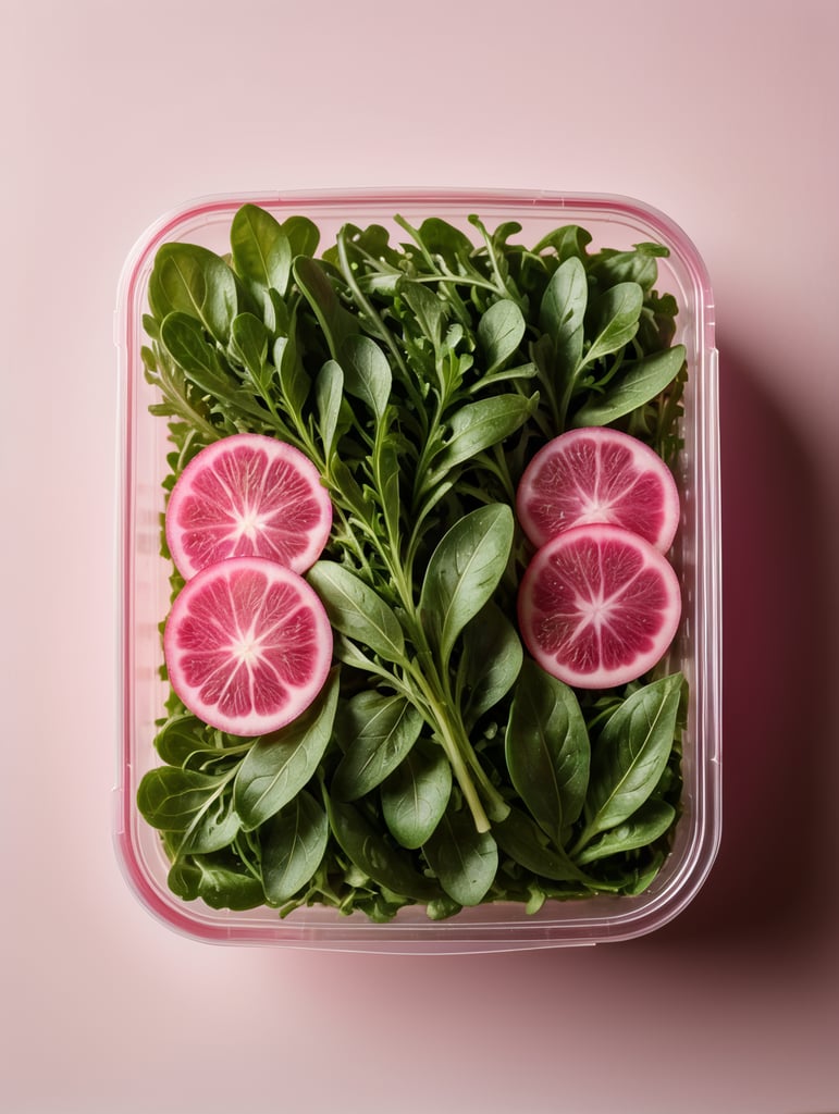 blank Transparent Plastic Container with Arugula Salad, isolated, pink background, Mockup, mock up