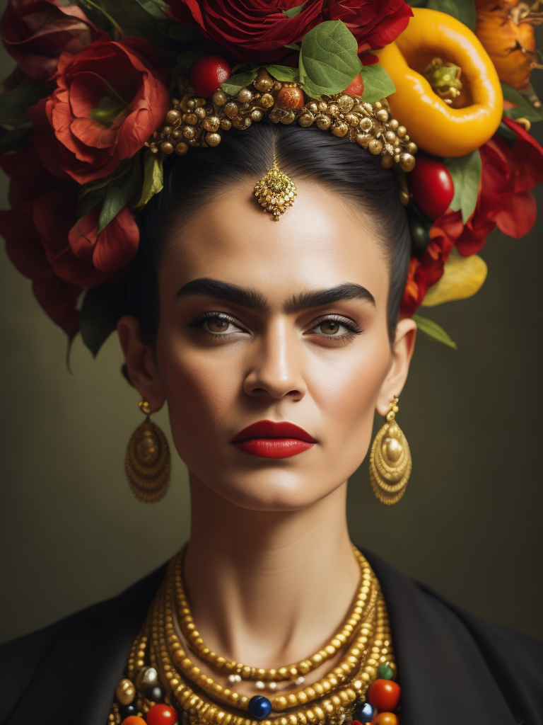 Portrait of Frida Kahlo,Headdress made of fine vegetables and herbs, bright and saturated colors, elegant, highly detailed, vogue, fashion magazine, sharp focus, bright expressive makeup, dramatic lighting, depth of field, incredibly high detailed, blurred background.