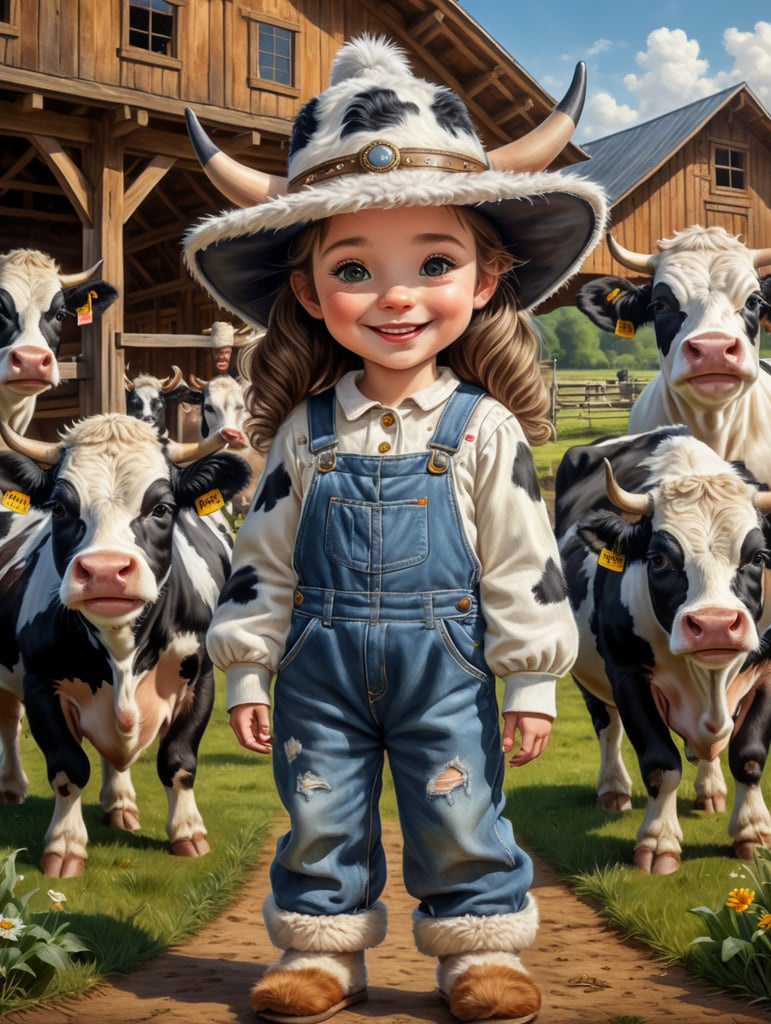 Draw a happy young woman wearing furry slippers on her feet that look like small holstein cows. The woman wears a large cowbow hat and denim overalls, and is standing in a barnyard with cows shown in the background.