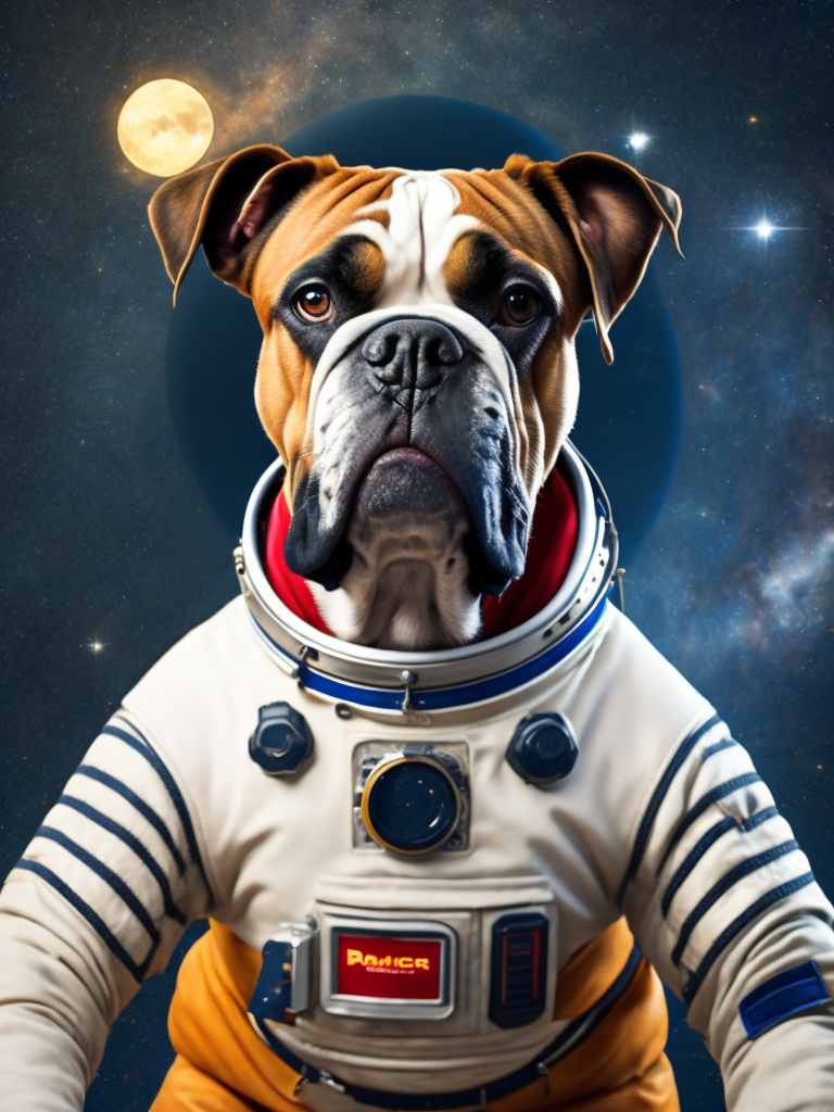 boxer dog wearing a space suit