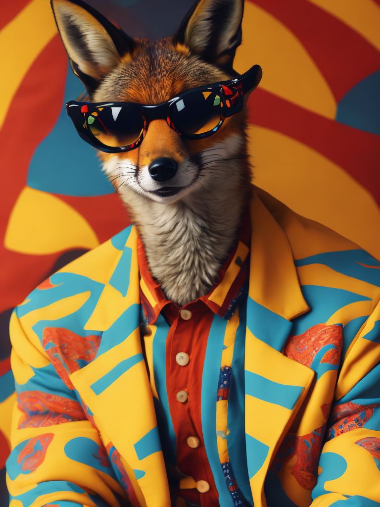 A fox wearing a brightly patterned jacket and wayfarer glasses, Vivid saturated colors, Contrast color