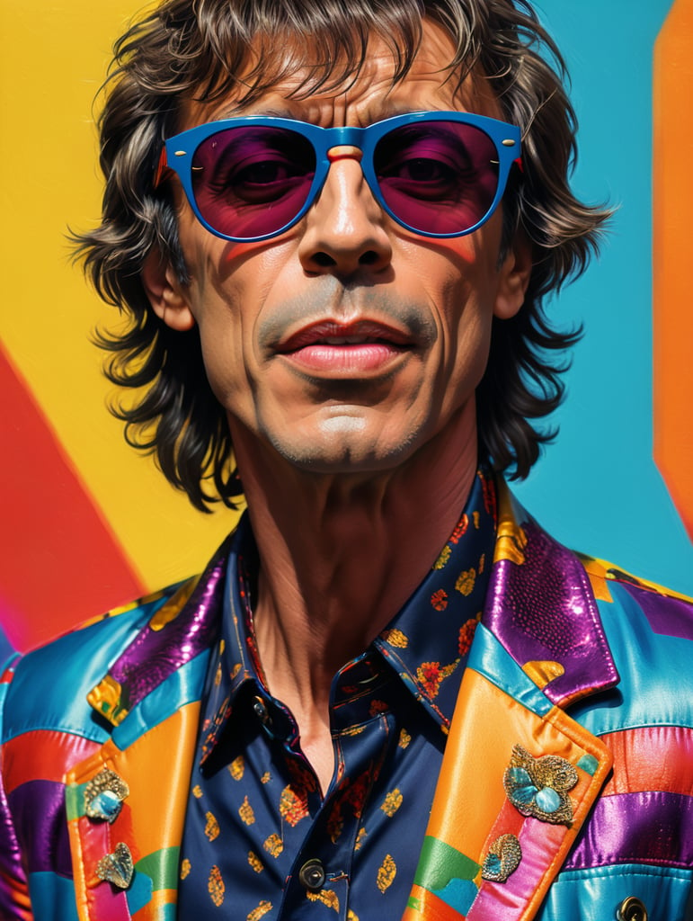 Mick Jagger wearing a brightly patterned jacket and wayfarer glasses, Vivid saturated colors, Contrast color