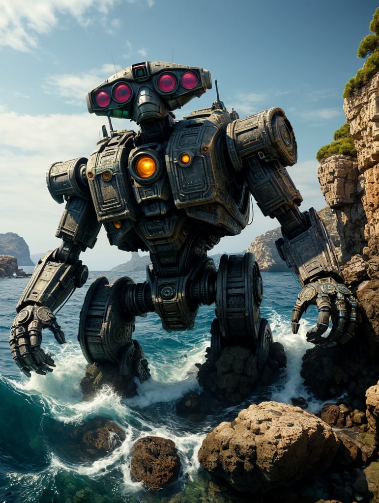 Johnny 5 aquatic robot model spec exploring greek megalithic structures under the Mediterranean sea.