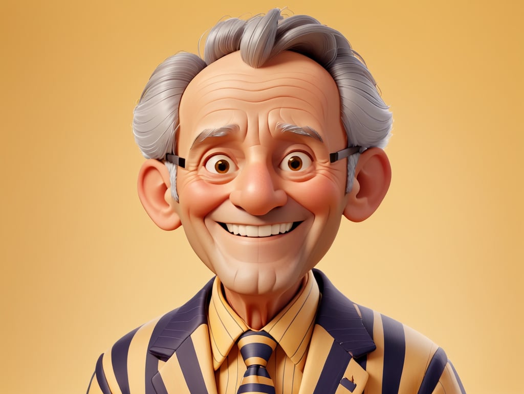 Smiling and cheerful old man in a striped jacket on an isolated yellow background