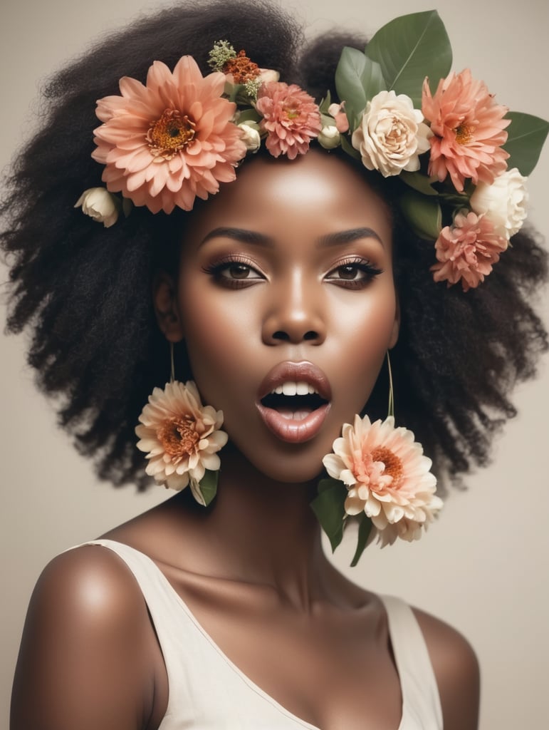 Beautiful African girls holding flowers in her mouth