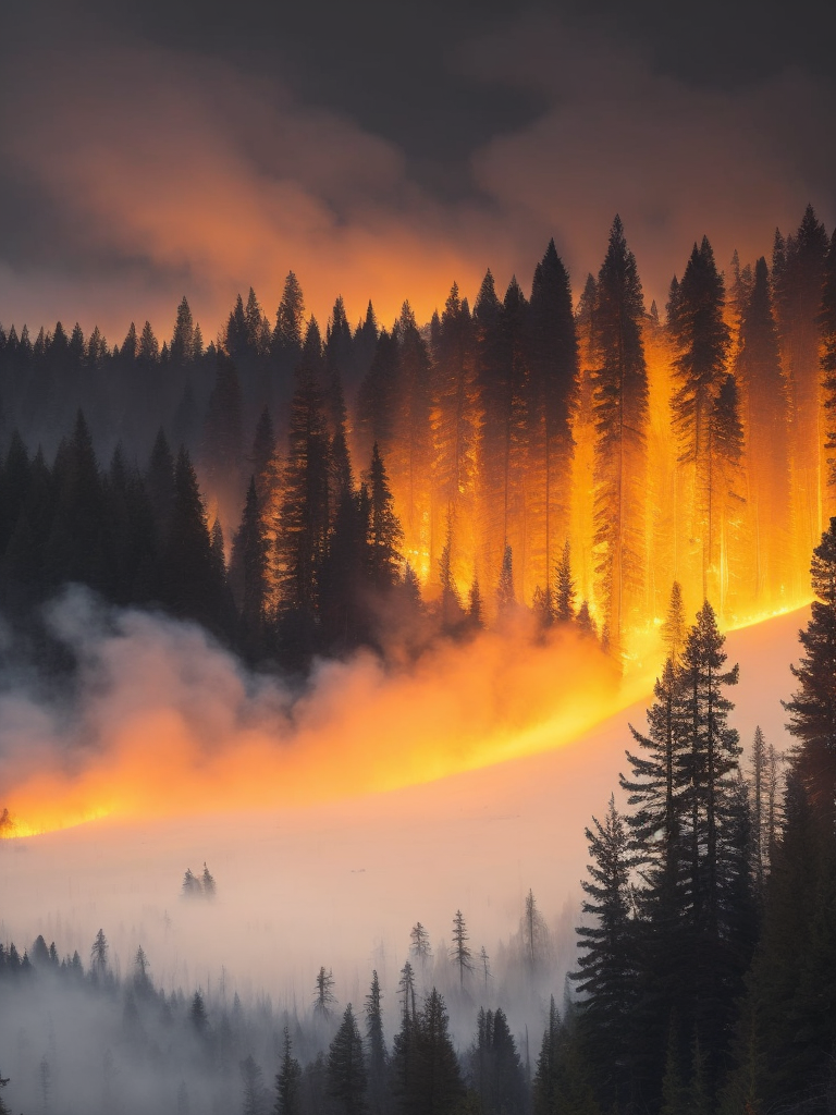 Canada wildfire 2023, Create an image depicting a vast forest landscape in Canada, with flames raging across the horizon. Show the smoke billowing into the sky, casting an ominous orange glow.