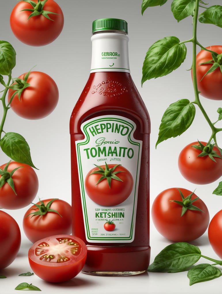 tomato ketchup bottle, red tomato with green leaves, isolated, white background