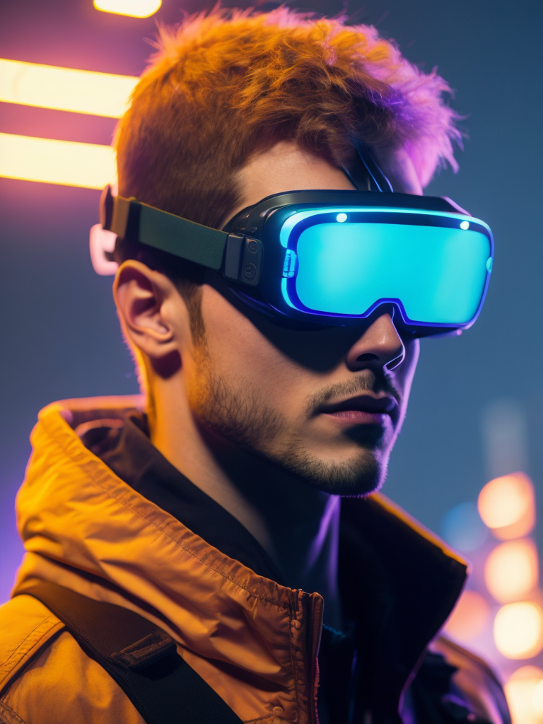 Man wearing virtual reality glasses, cyberpunk style, neon colors, bright colors, bright blue glowing glasses, sharp details, contrasting light