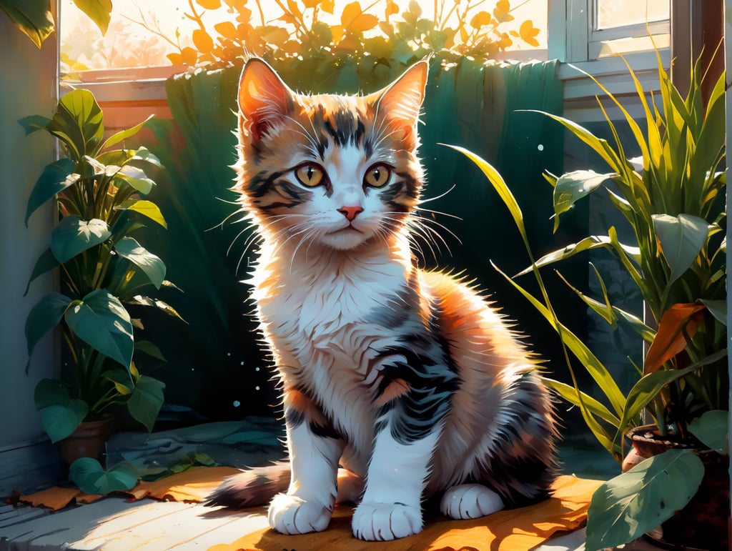 Back view of kitten sitting on a windowsill looking at a wintry garden