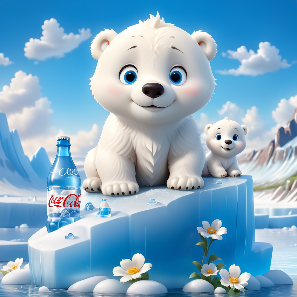 Eisbär Baby mit blauen Augen sitzt auf einer Eisscholle und trinkt aus einer Flasche Coca Cola. Hohe Eisberge im Hintergrund auf denen Blumen blühen. Strahlend blauer himmel mit kleinen weißen Wolken.