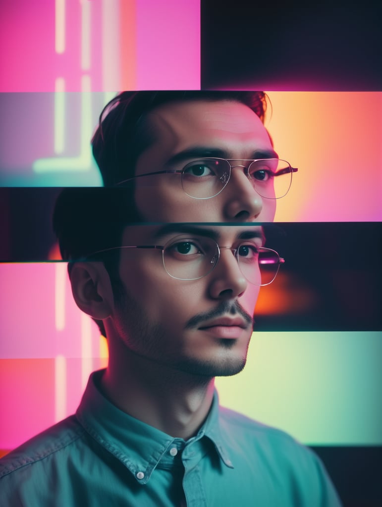 Shifting spectra, mixed multimedia portrait photography in retro-glitch art style, distorted graphics, spectacular neon lighting, additional contrast, cinematic risograph on three panels