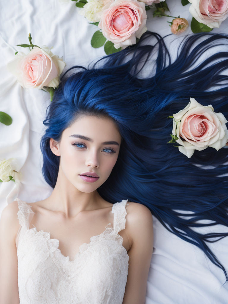 Desktop HD wallpaper: Flower, Rose, Dress, Model, Women, Blue Eyes, Blue Hair, Long Hair, Lying Down free download background picture,Human laying in flowers, top view, cinematic, dark light, beautiful colors, detailled, 4k