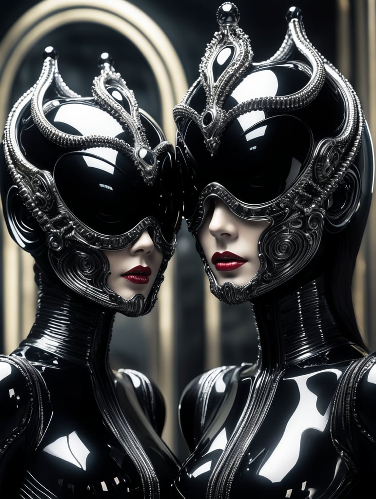 h.r. giger humanoid octoupus king-queen with crown futuristic glass black suit elegant scene futuristic glass design glass melting mask traslucent half mask glass vr and helmet fashion photography, sharp, small spheres floating background, editorial photography