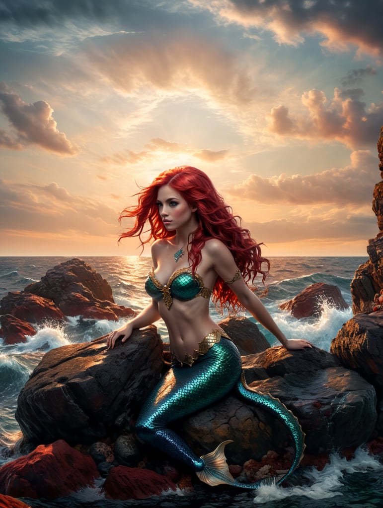 mermaid, red hair, on rock, sea and sky background