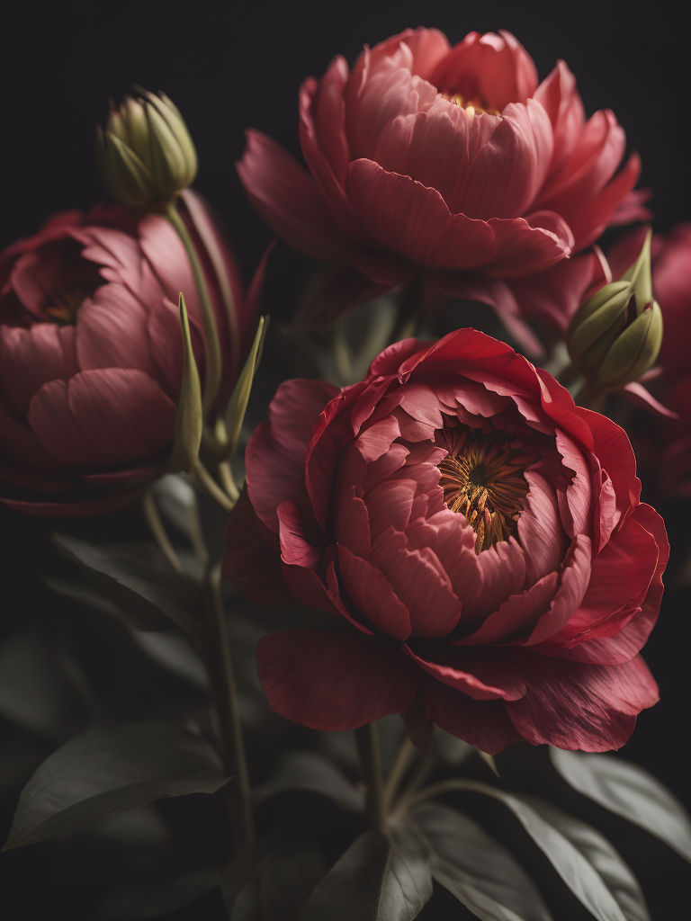 beautifully red peonys, bright and natural colors, elegant, highly detailed, sharp focus, bright expressive, incredibly high detailed, with black background