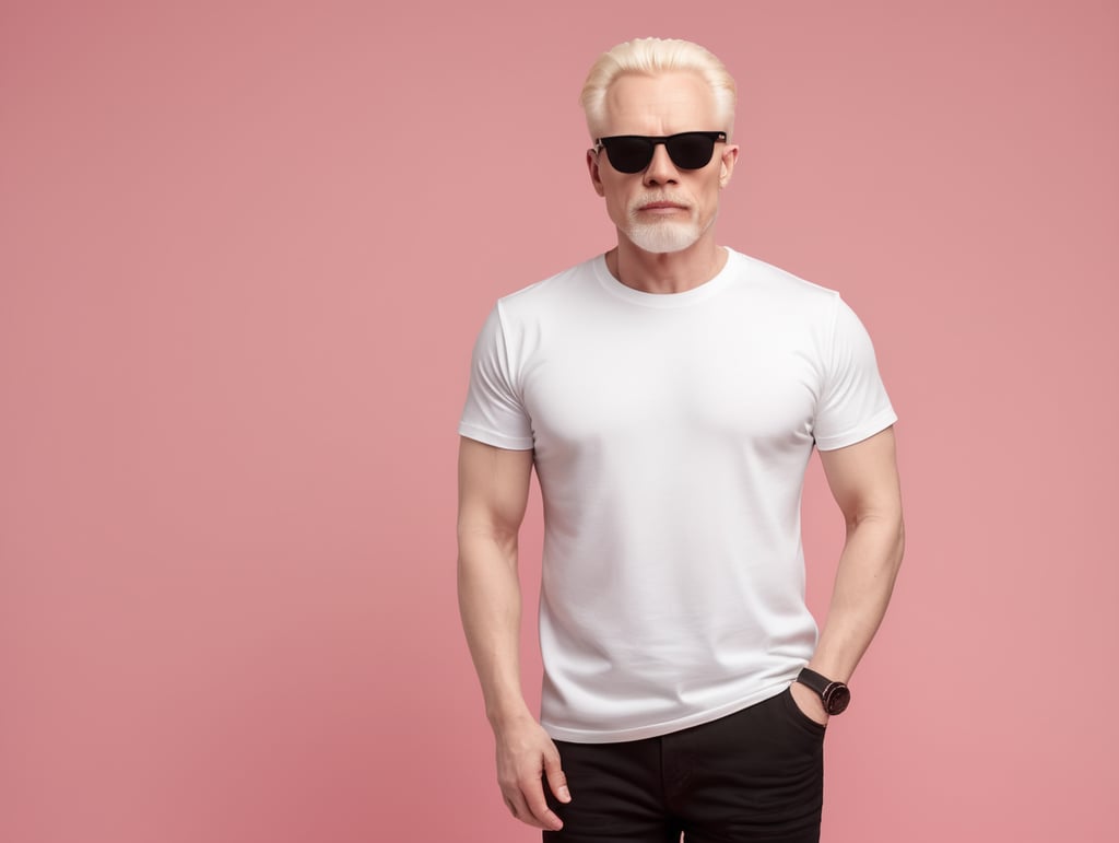 A middle-aged albino man wearing a white T-shirt, wearing black sunglasses, Contrasting studio light, isolated, pink background, mockup, mock up