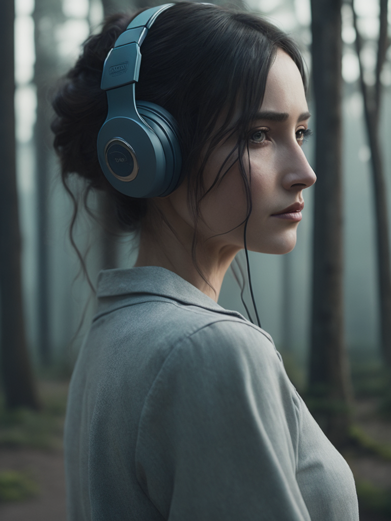 Beautiful girl listening to relaxing music with her headphones that takes her to a surreal forest, art by ilya kuvshinov and wlop, intricate, sharp focus, trending on artstation