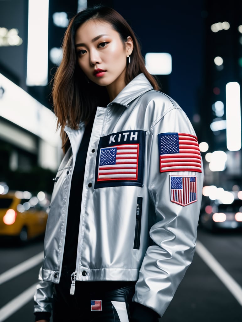 Silver kith jacket, american flag patch, futurist, shot in tokyo at night, shot on leica, fashion portrait, by kith