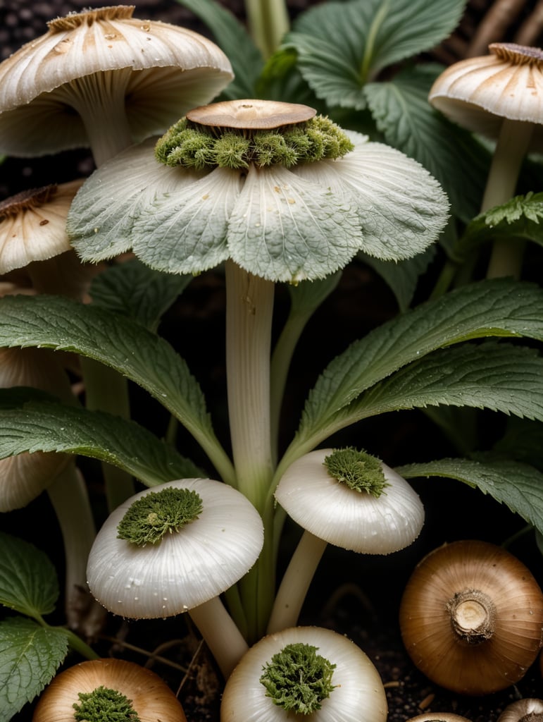 cannabis plant, mushroom, surrounded by garlic and onions