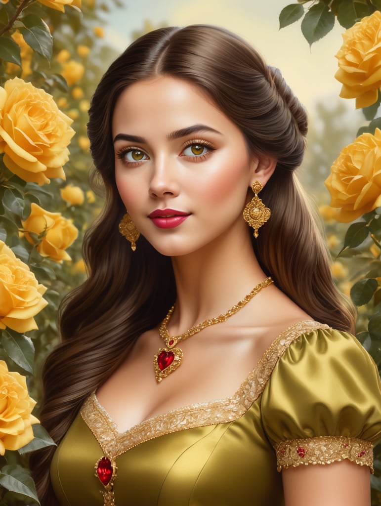 A hyper realistic portrait of a stunningly beautiful princess wearing her golden dress with heart-shaped buttons and red earrings, posing in front of yellow rose bushes. Her hair is long dark brown and straight. She has green eyes and an oval face. Typical colors. High resolution. 3 4 view pose, shown to waist.