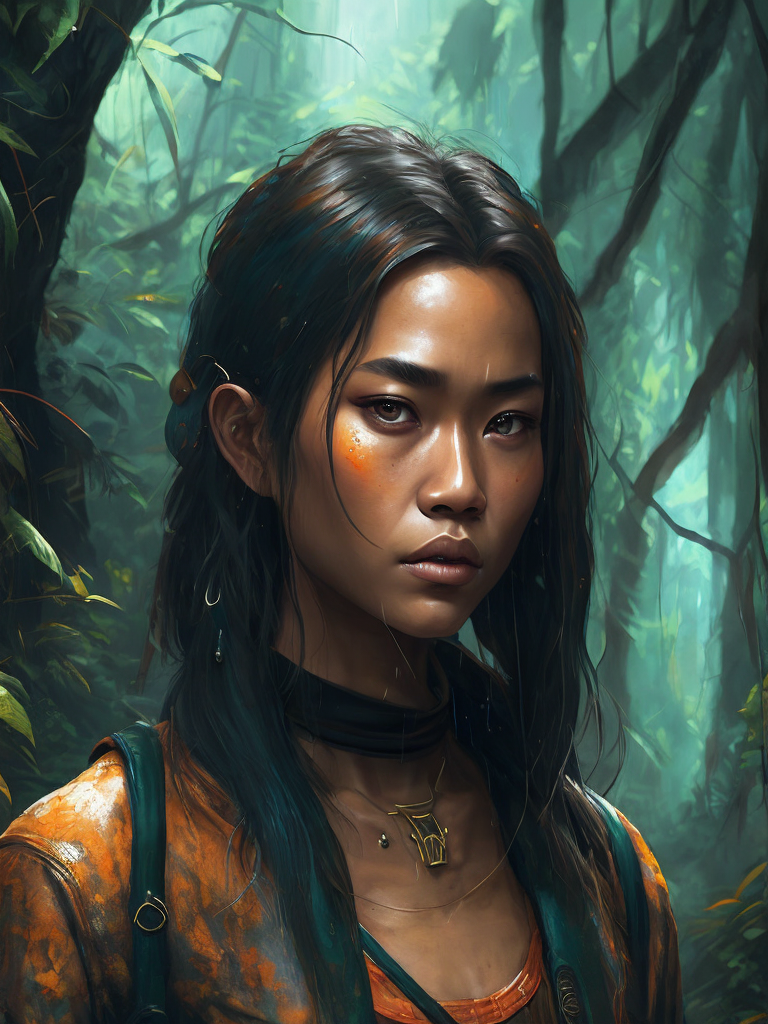 Indonesia, young woman in jungle, scifi, rainy, autumn, dark details