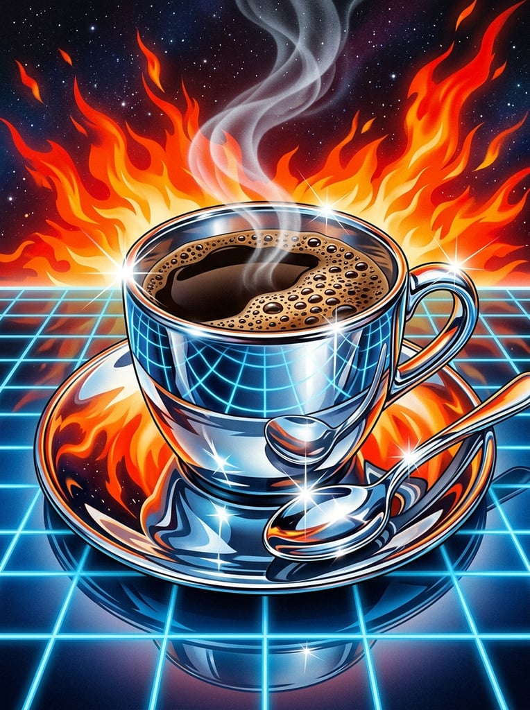 A hyper-reflective chrome teacup and saucer sits on a glossy surface mapped with a cool blue grid. The cup holds dark coffee clustered with tan bubbles, emitting a delicate wisp of white steam. A polished spoon rests on the saucer, the metallic elements gleaming with extreme specular starburst highlights and sharp, distorted reflections. Vibrant orange and red stylized flames erupt in the background, contrasting intensely against the cool surroundings. The elevated close-up perspective emphasizes a retro-futuristic airbrush illustration style characterized by crisp, saturated vector-like aesthetics.