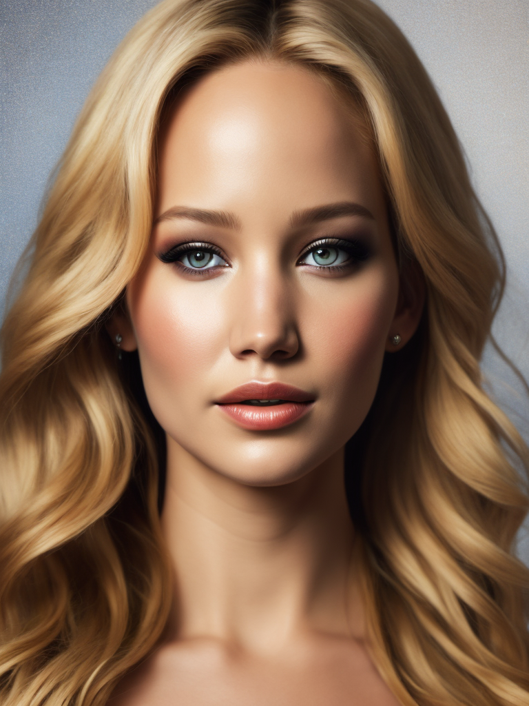 Portrait of Jennifer Lawrence, ultra realistic, blonde hair, bright makeup, detailed background