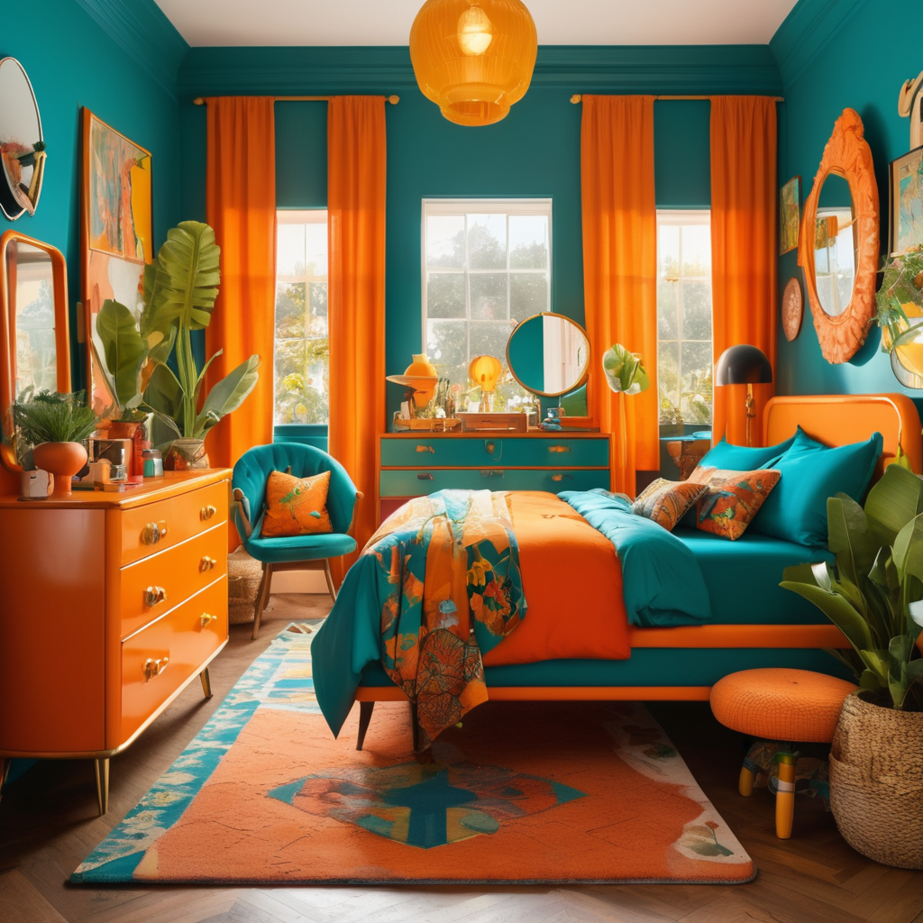 A (((funky retro maximalist))) bedroom with a color palette of (((orange, teal yellow))), contrasted by vintage furniture and accents