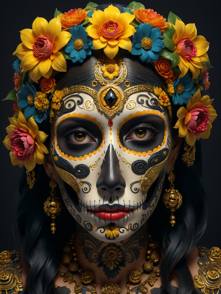 mexican face, Calavera, ornamental, flowers, gold and black color, 3d style surrealist art, painting, girl face, glamorous