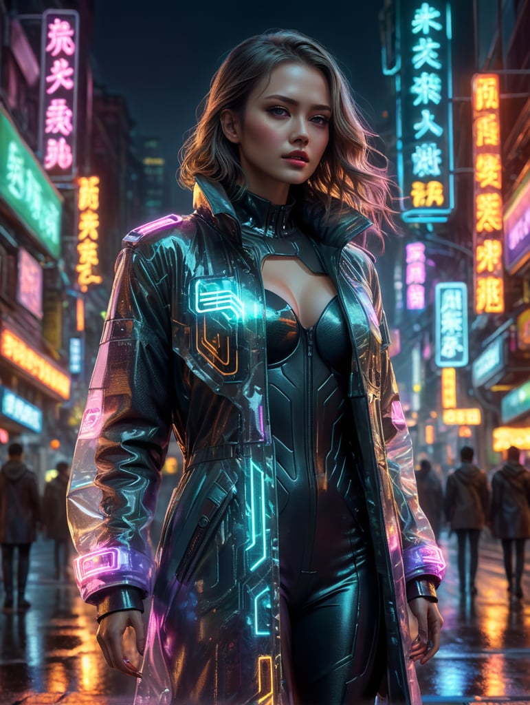 A women wearing translucent coat, standing on a street, neon cyber city, dark night, neon signs