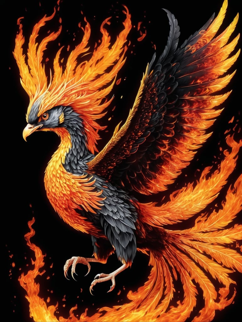 Ave fénix con fondo negro y fuego de color