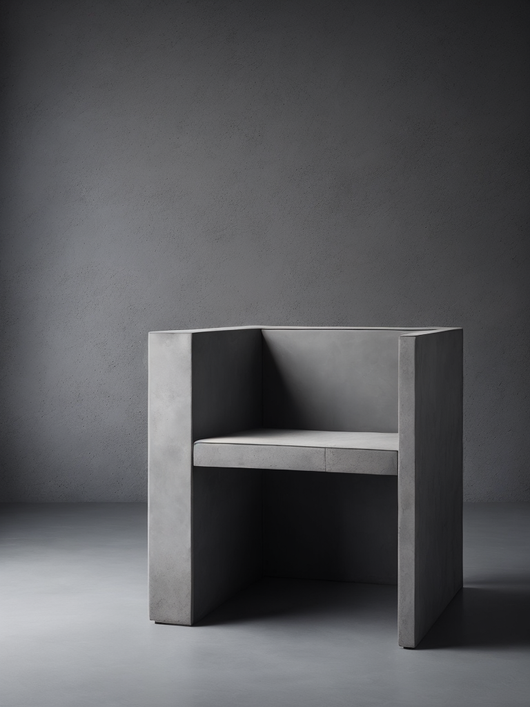 a chair made from concrete, modern design, flat shape, cube, grey background, modern art, everythink dark grey