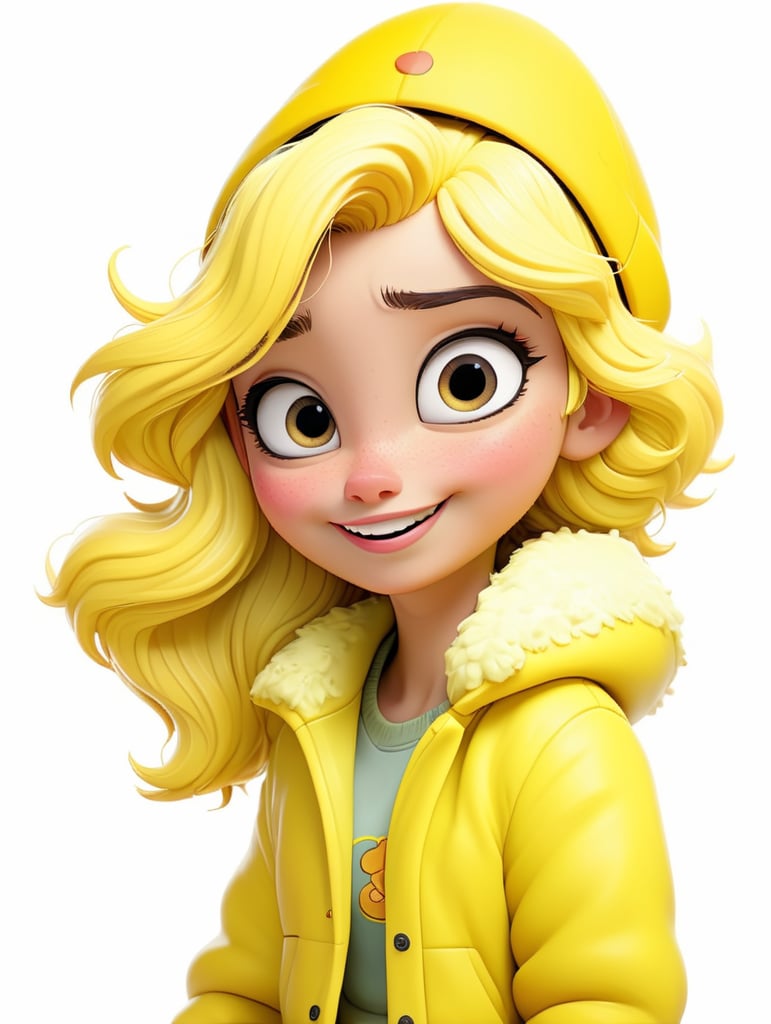 a happy young women with yellow hair and yellow hat wearing a yellow fluffy jacket, isolated, white background
