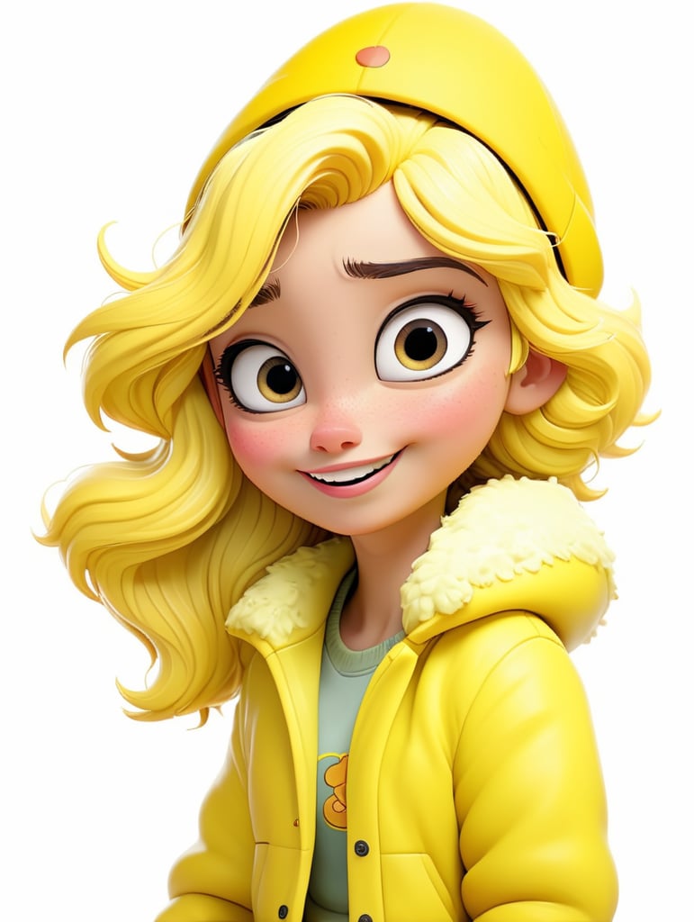 a happy young women with yellow hair and yellow hat wearing a yellow fluffy jacket, isolated, white background